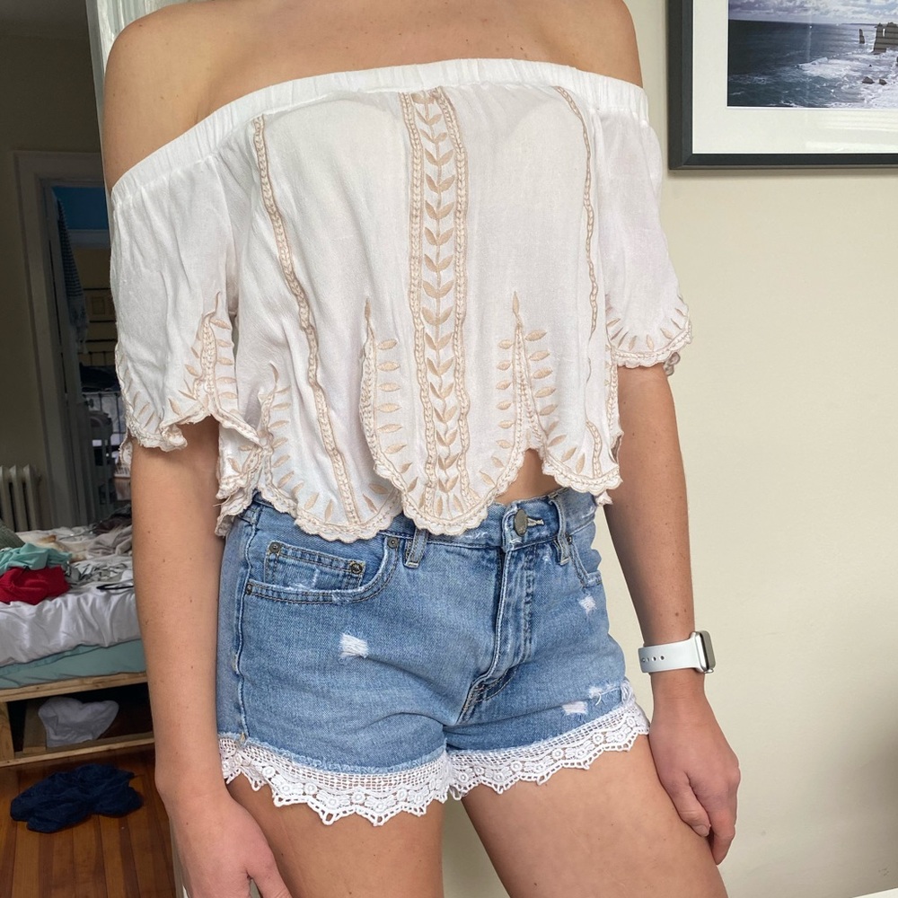 White strapless Lush embroidered linen top